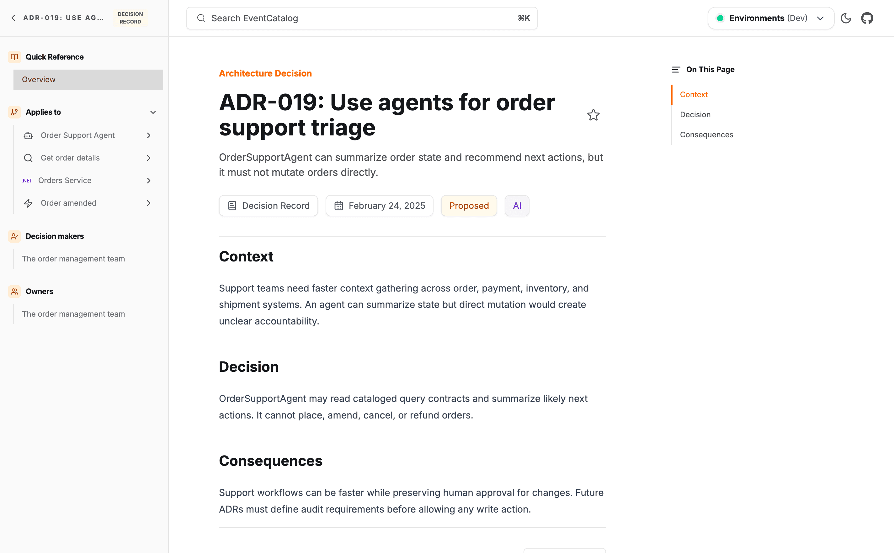 ADR detail page showing status, decision makers, and linked resources
