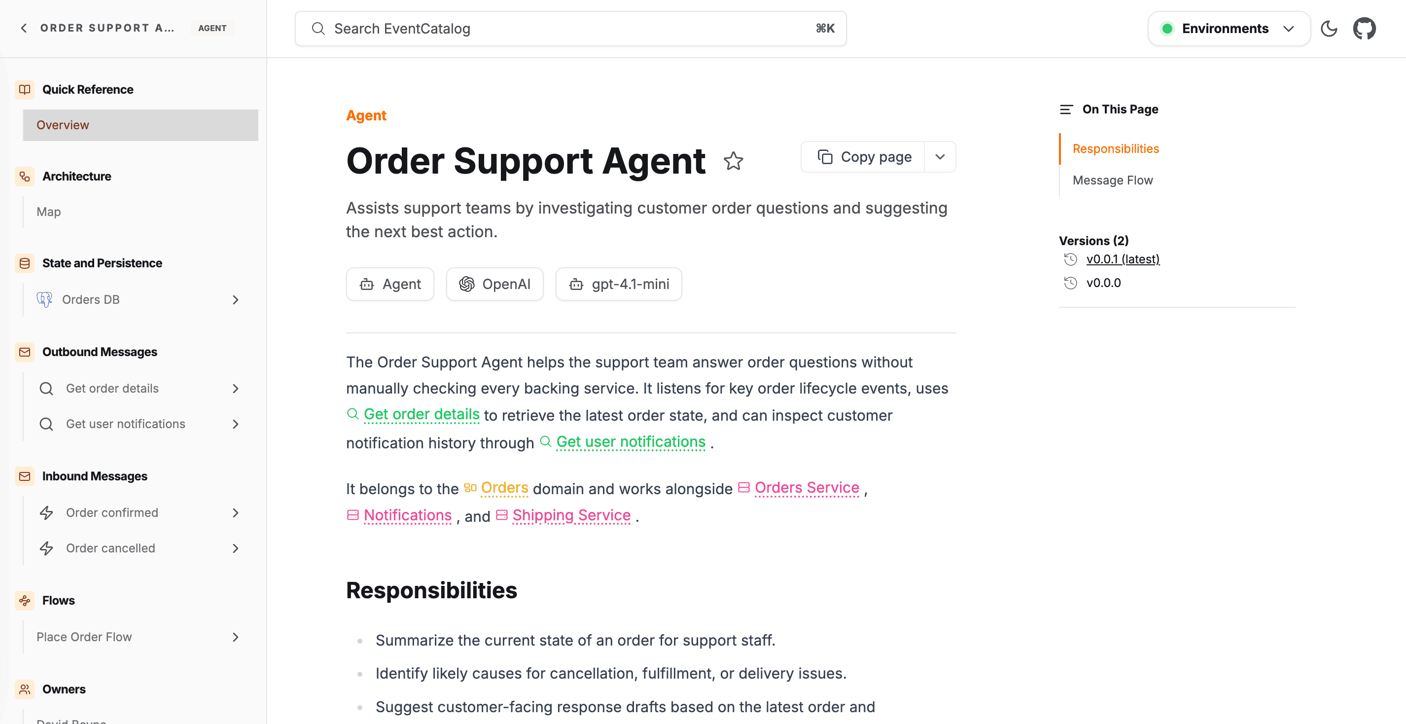Agent detail page showing model, tools, and connected messages