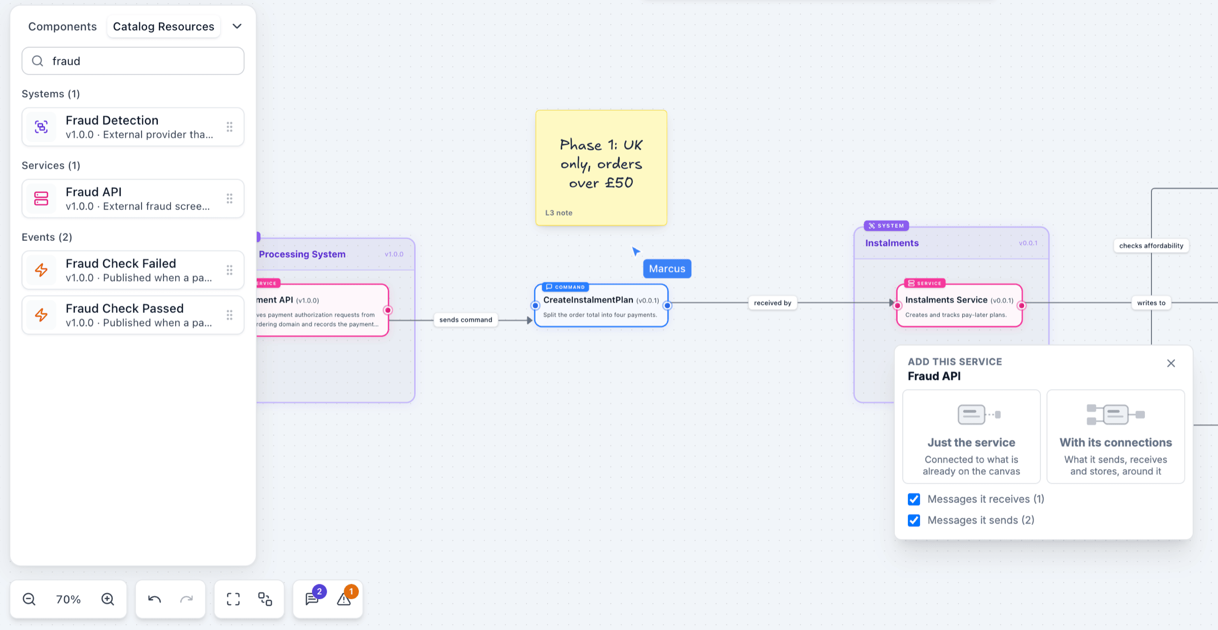 Searching the catalog for "fraud" and adding the Fraud API, with the choice to bring in just the service or the service with its connections