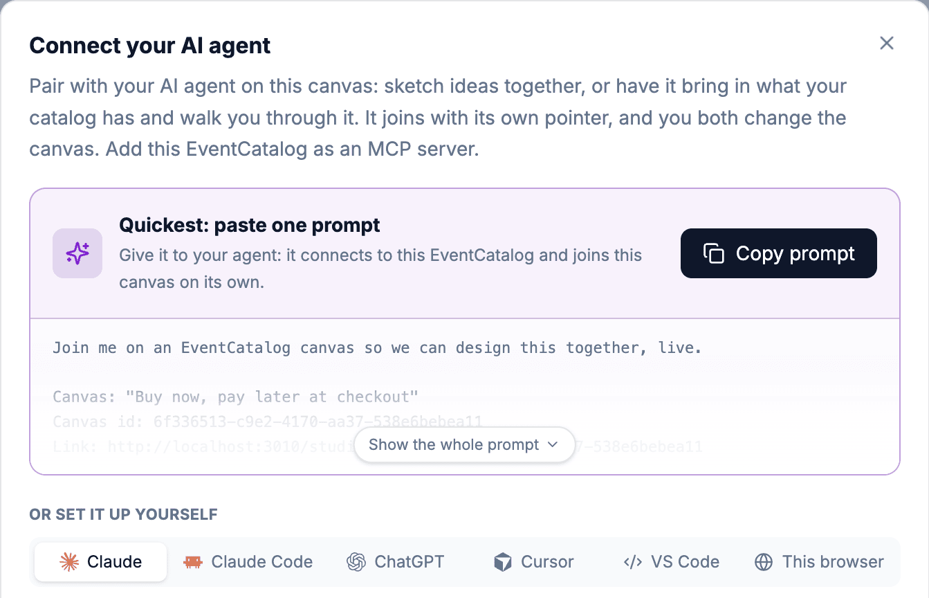 The Connect your AI agent dialog, with a prompt to copy and setup steps for Claude, Claude Code, ChatGPT, Cursor, VS Code and the browser