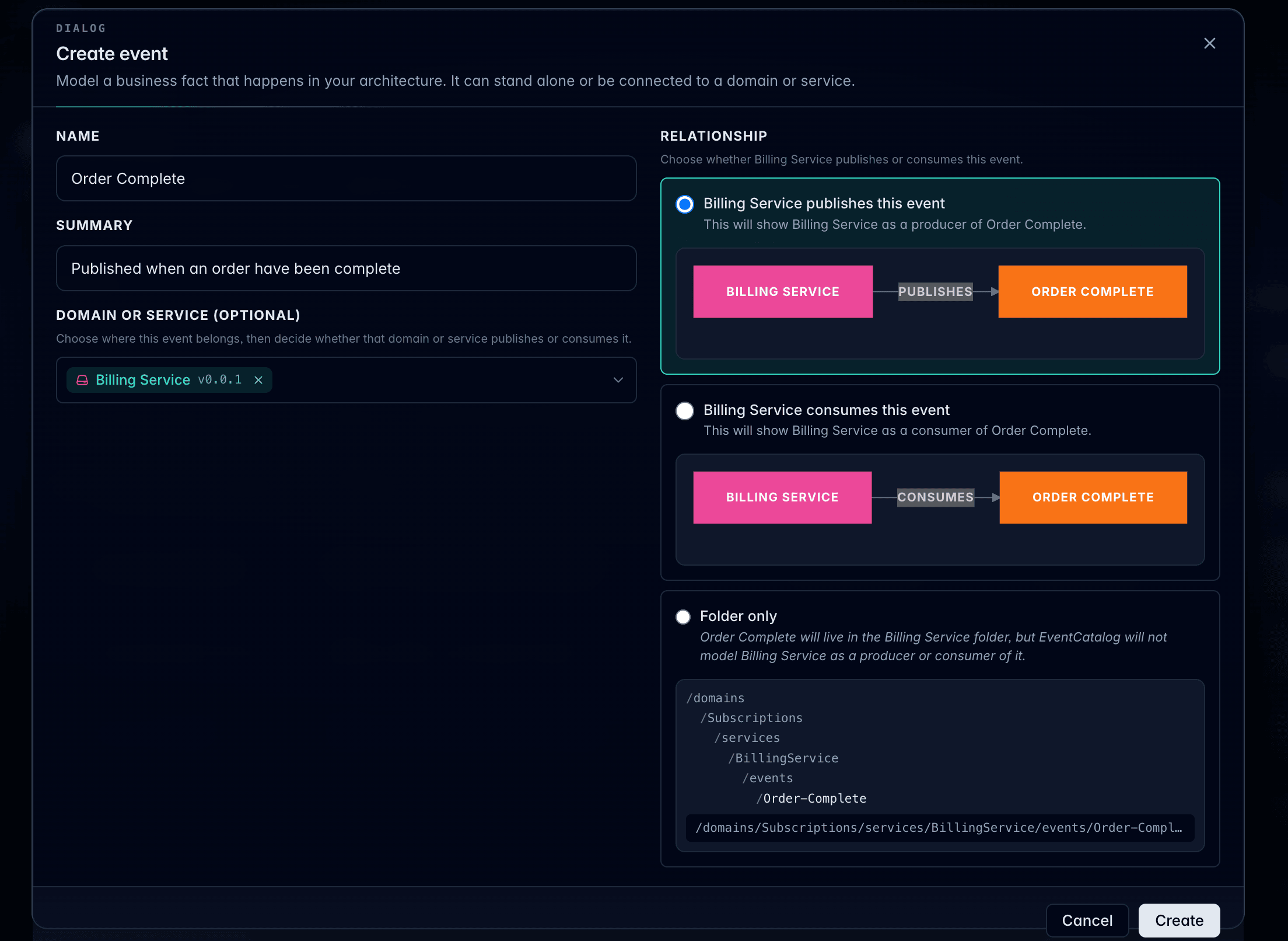 Create event dialog showing relationship choices