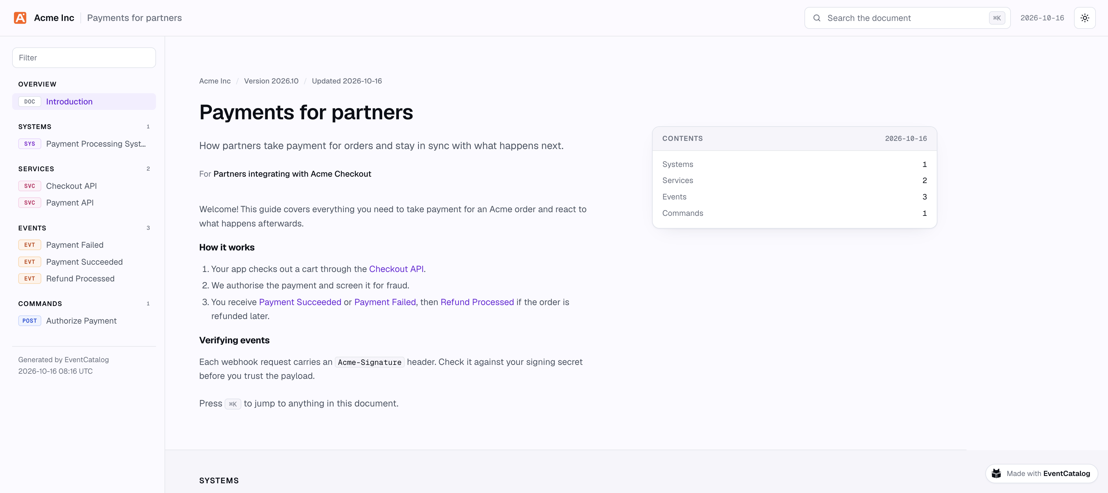 A custom export for partners, with its title, audience, introduction and contents, and only the system, services, events and command it includes in the sidebar