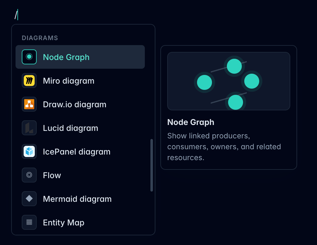 Slash command menu showing component previews