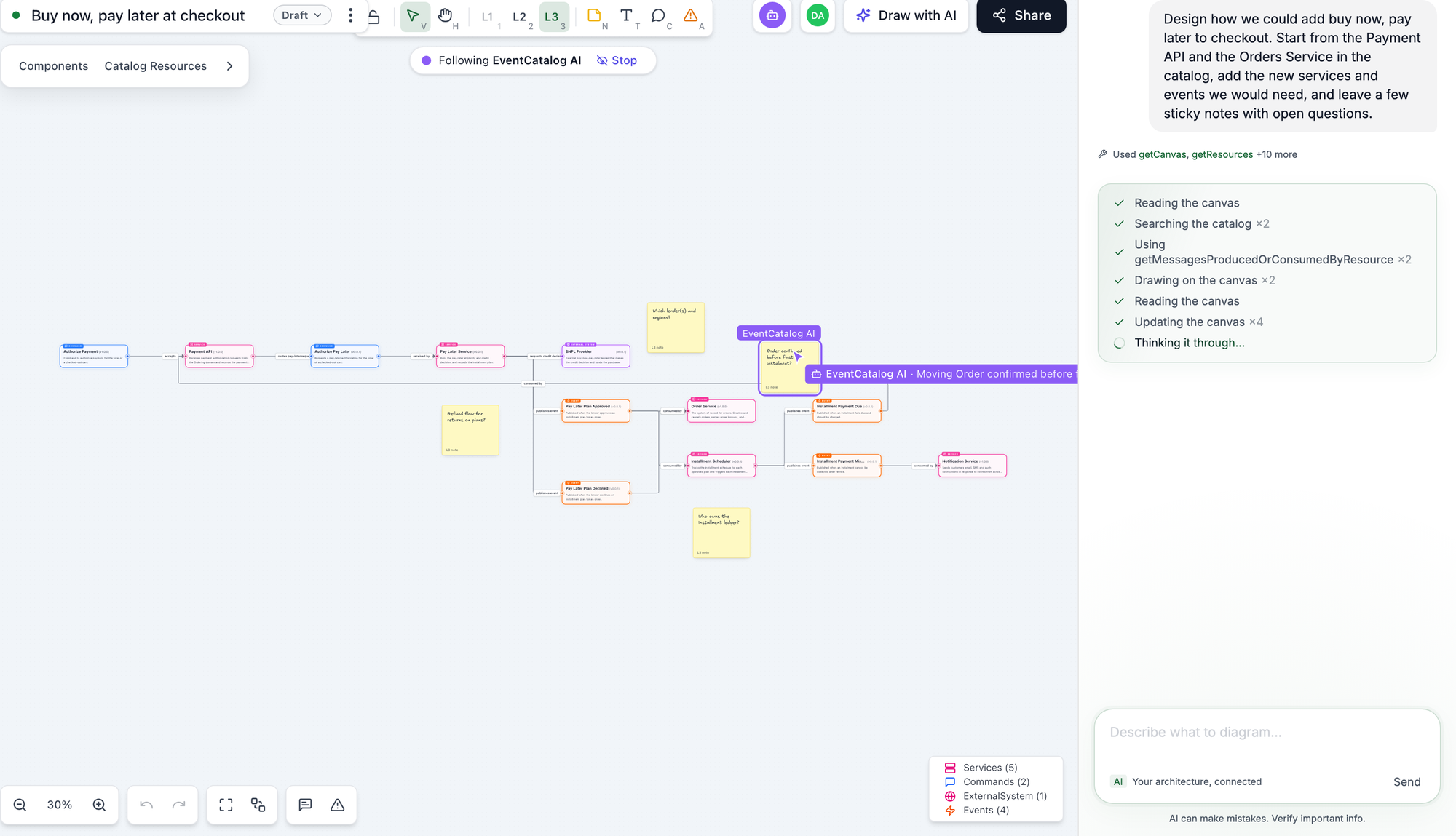 The assistant drawing a buy now, pay later design on a canvas, with its pointer on the canvas and its progress in the chat