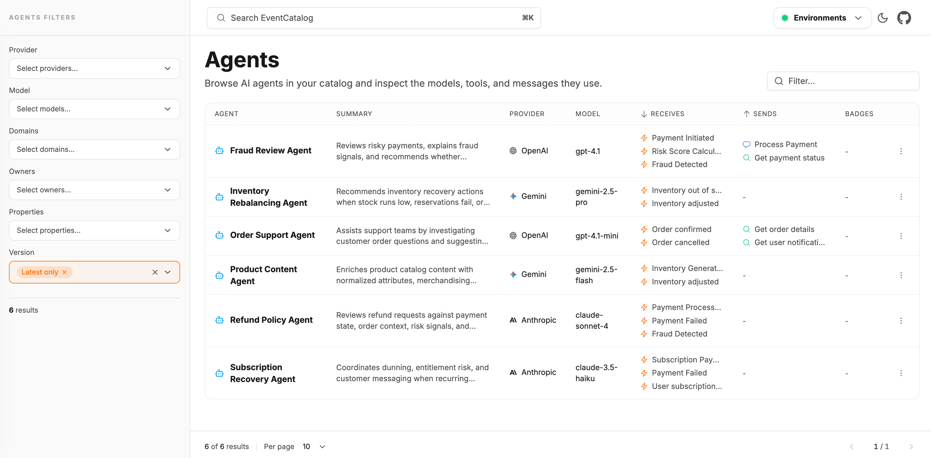 Explore page listing agents in the catalog with their owners and domains