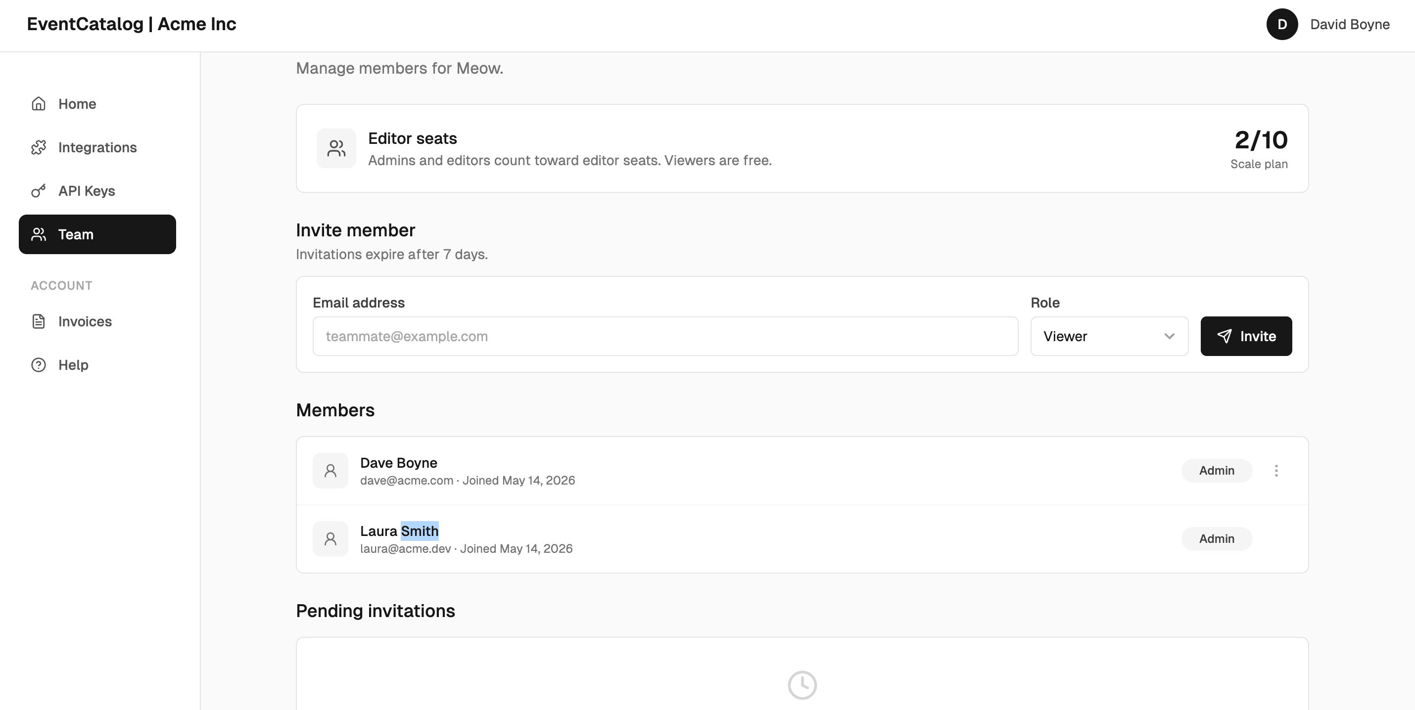 Invite team members in EventCatalog Cloud