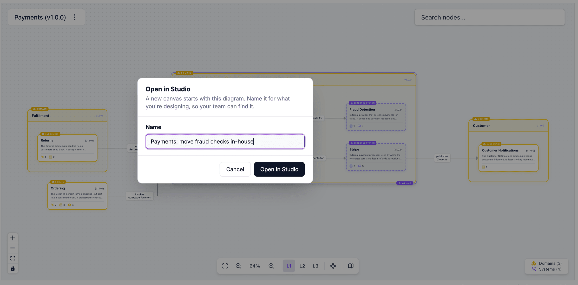 The Payments domain diagram with the Open in Studio dialog, ready to start a canvas called "Payments: move fraud checks in-house"