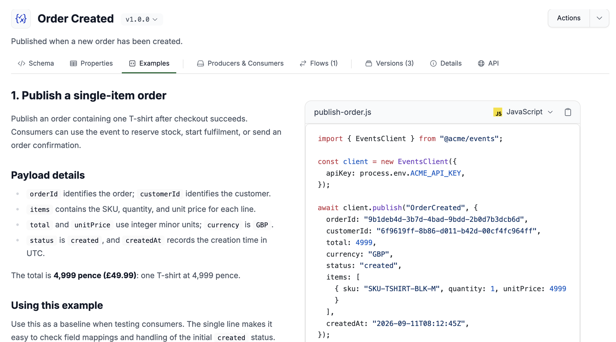 Examples tab for the Order Created event, with a written explanation on the left and a JavaScript example on the right