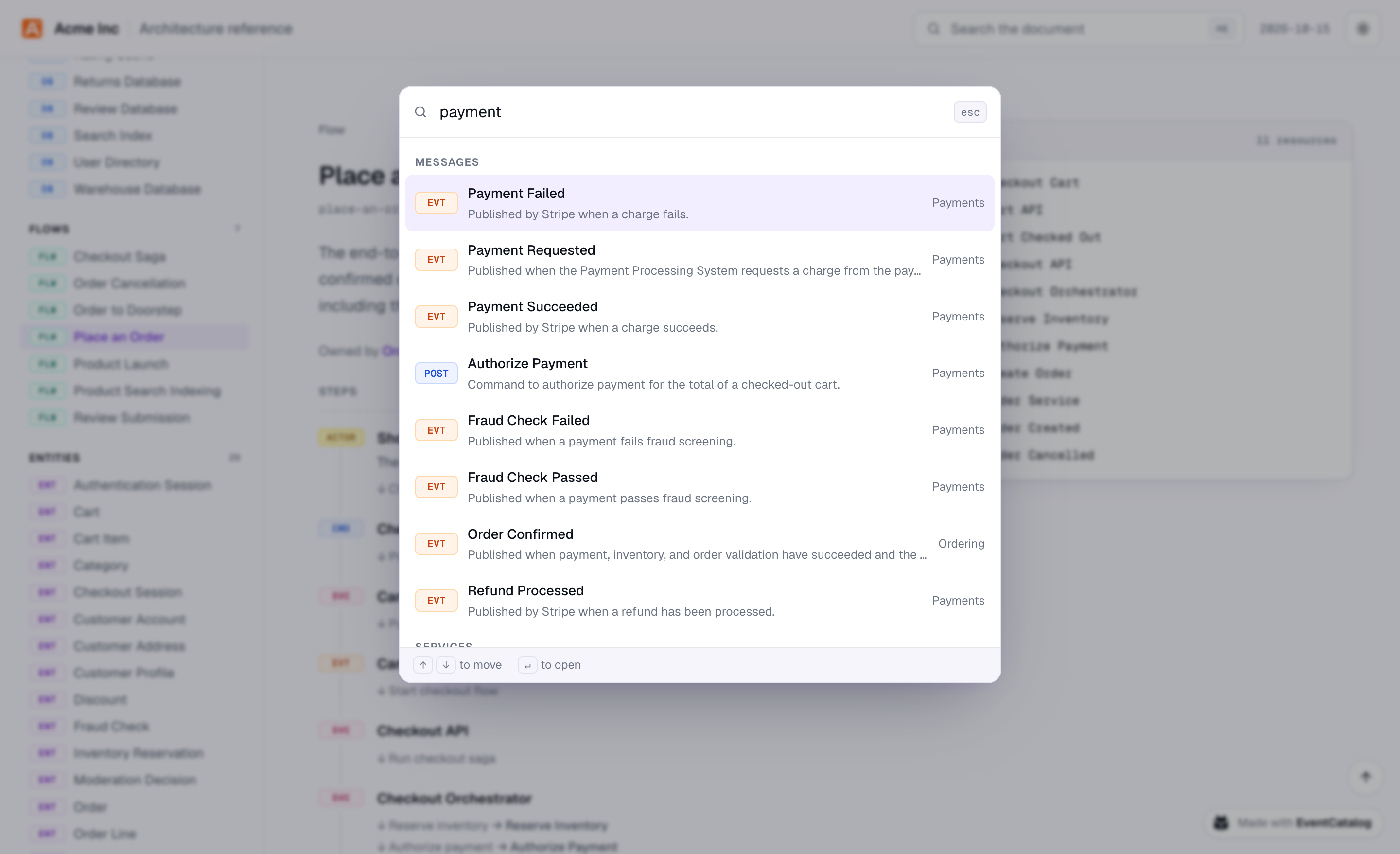 Searching the reference for "payment", with matching events and commands from the Payments domain