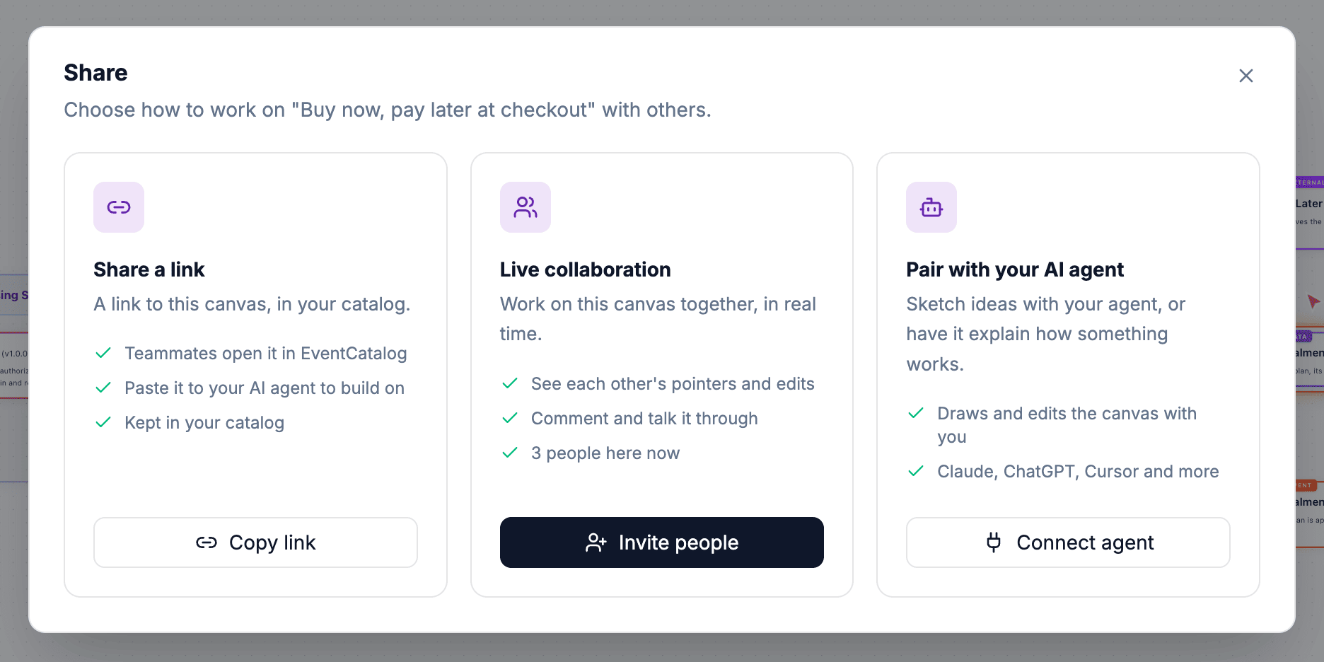 The Share dialog: share a link, invite people to collaborate live, or pair with your AI agent
