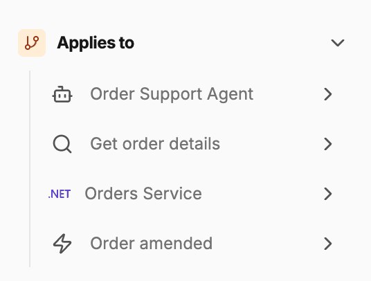 The appliesTo section of an ADR in EventCatalog showing linked services and events