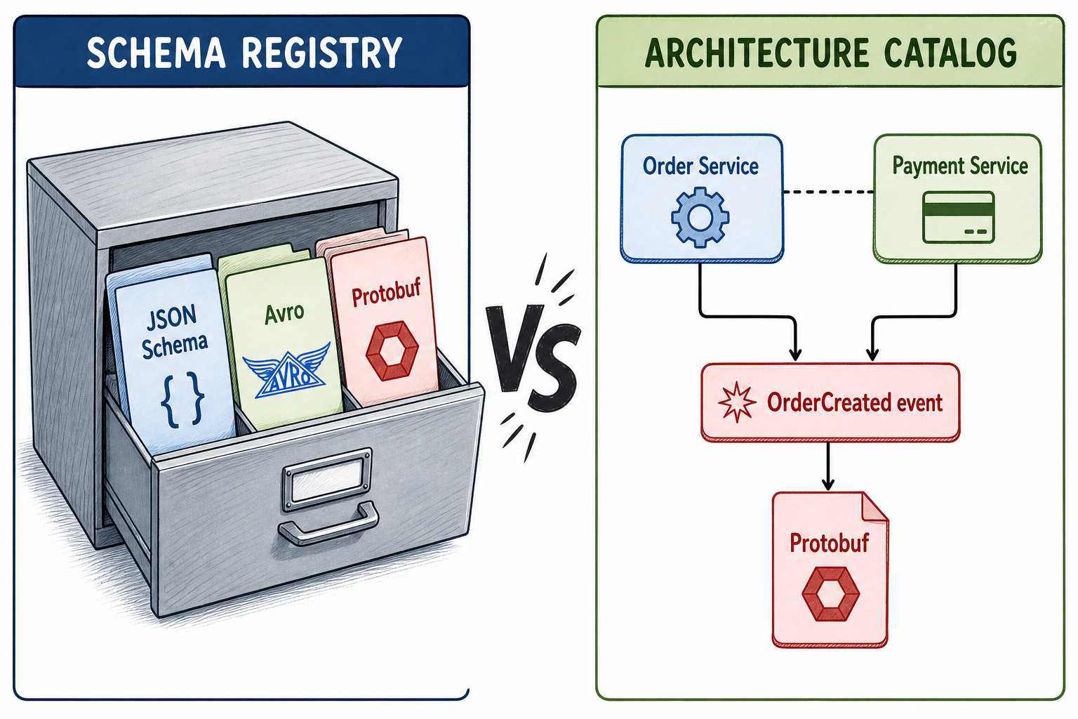 A schema registry shown as a filing cabinet of JSON Schema, Avro, and Protobuf files, versus an architecture catalog shown as a map of services around an OrderCreated event