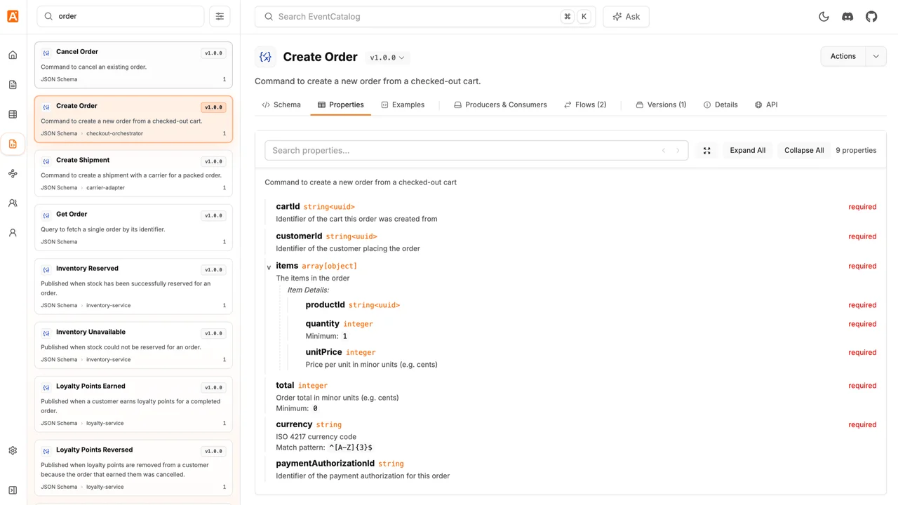 Searching for order in EventCatalog and exploring the Create Order command's schema properties