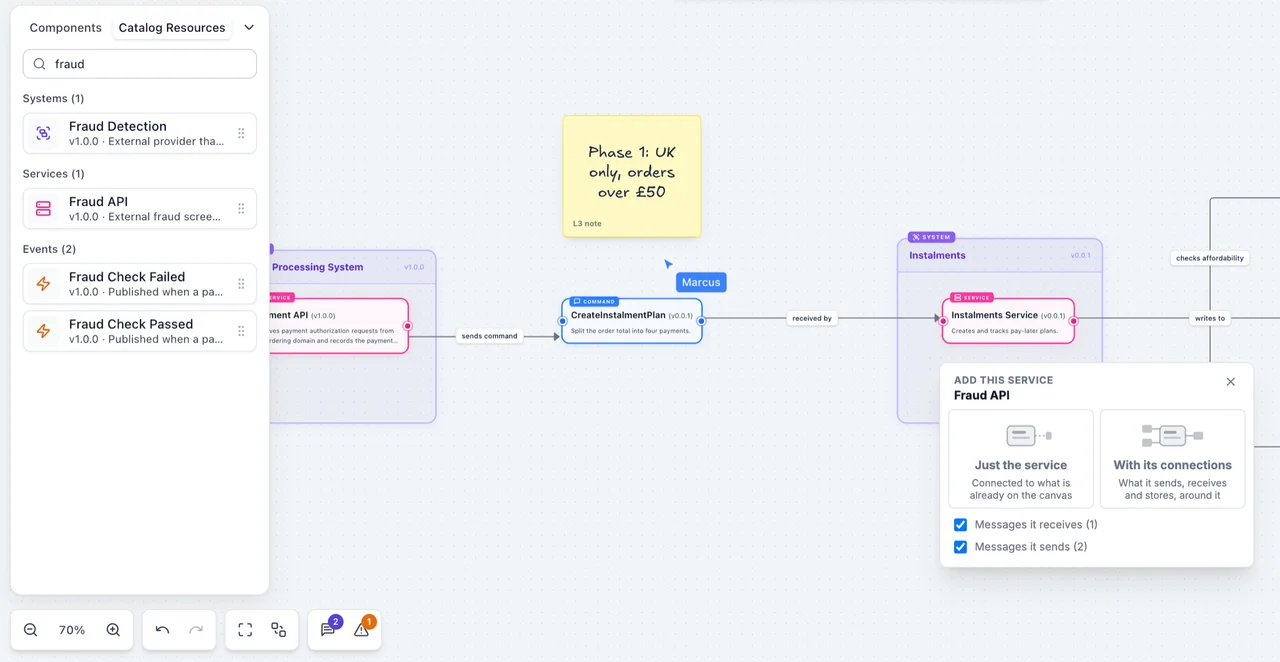 Searching the catalog in Studio and adding the Fraud API with its connections