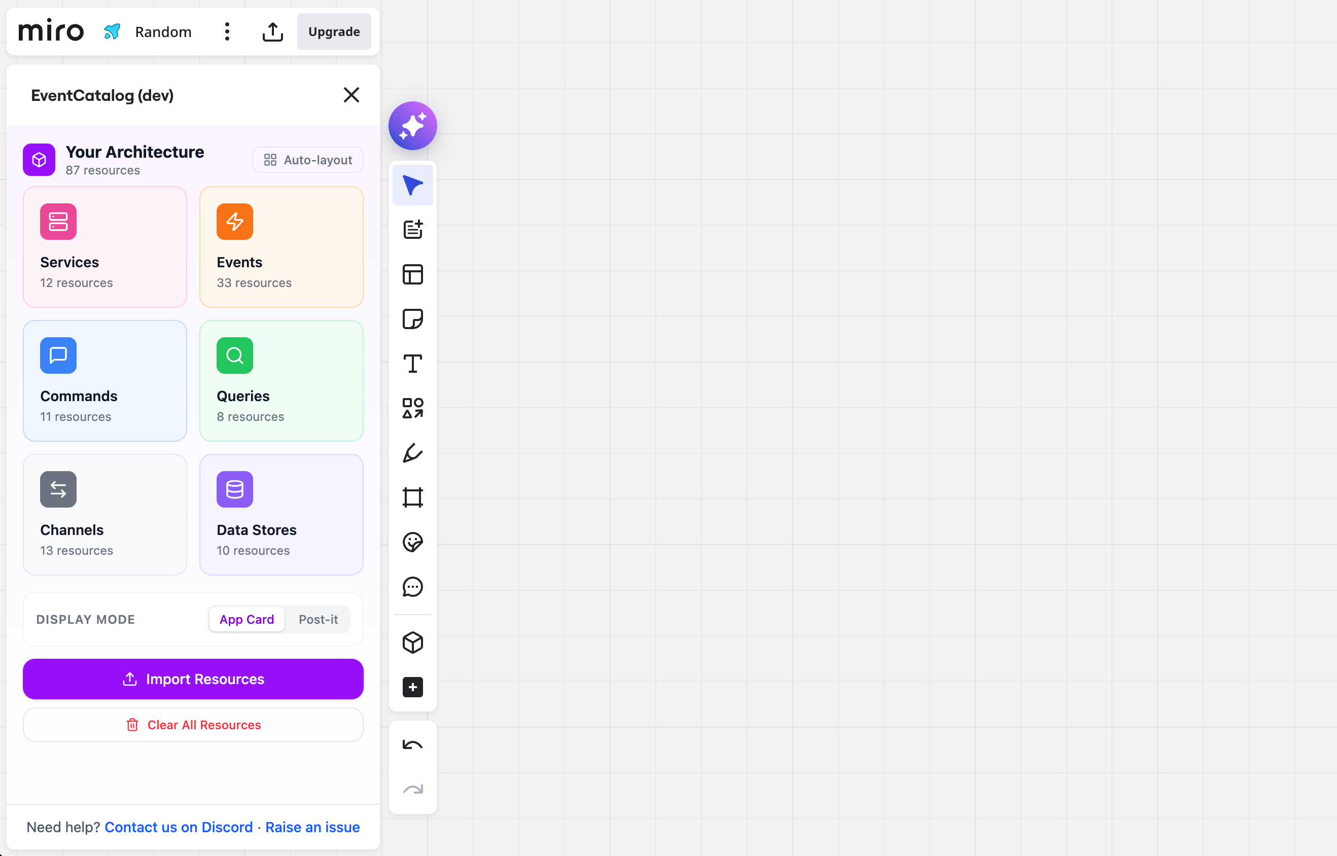 EventCatalog panel in Miro toolbar