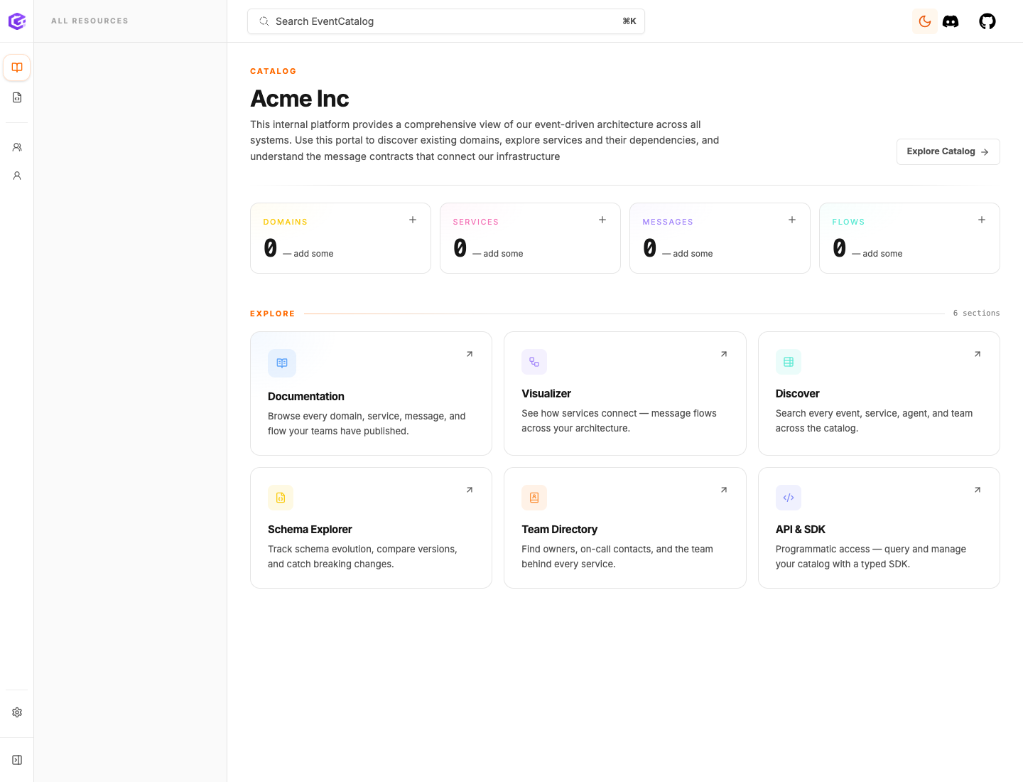 An empty EventCatalog running locally in the browser